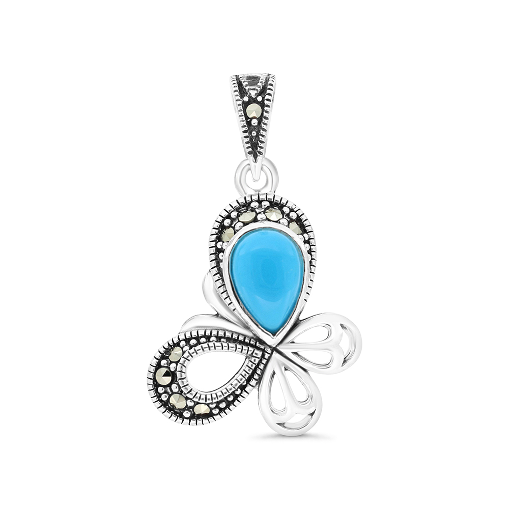 Sterling Silver 925 Pendant Embedded With Natural Processed Turquoise And Marcasite Stones