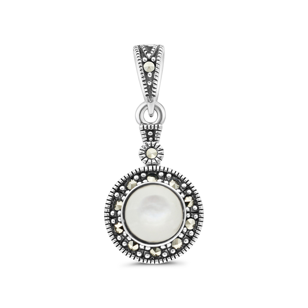 Sterling Silver 925 Pendant Embedded With Natural White Shell And Marcasite Stones