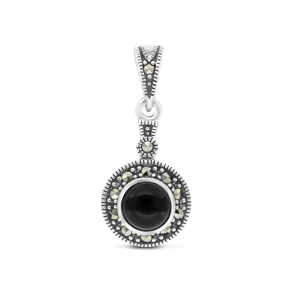 Sterling Silver 925 Pendant Embedded With Natural Black Agate And Marcasite Stones