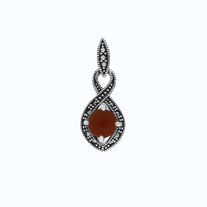 Sterling Silver 925 Pendant Embedded With Natural Aqiq And Marcasite Stones