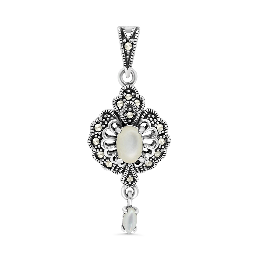 Sterling Silver 925 Pendant Embedded With Natural White Shell And Marcasite Stones