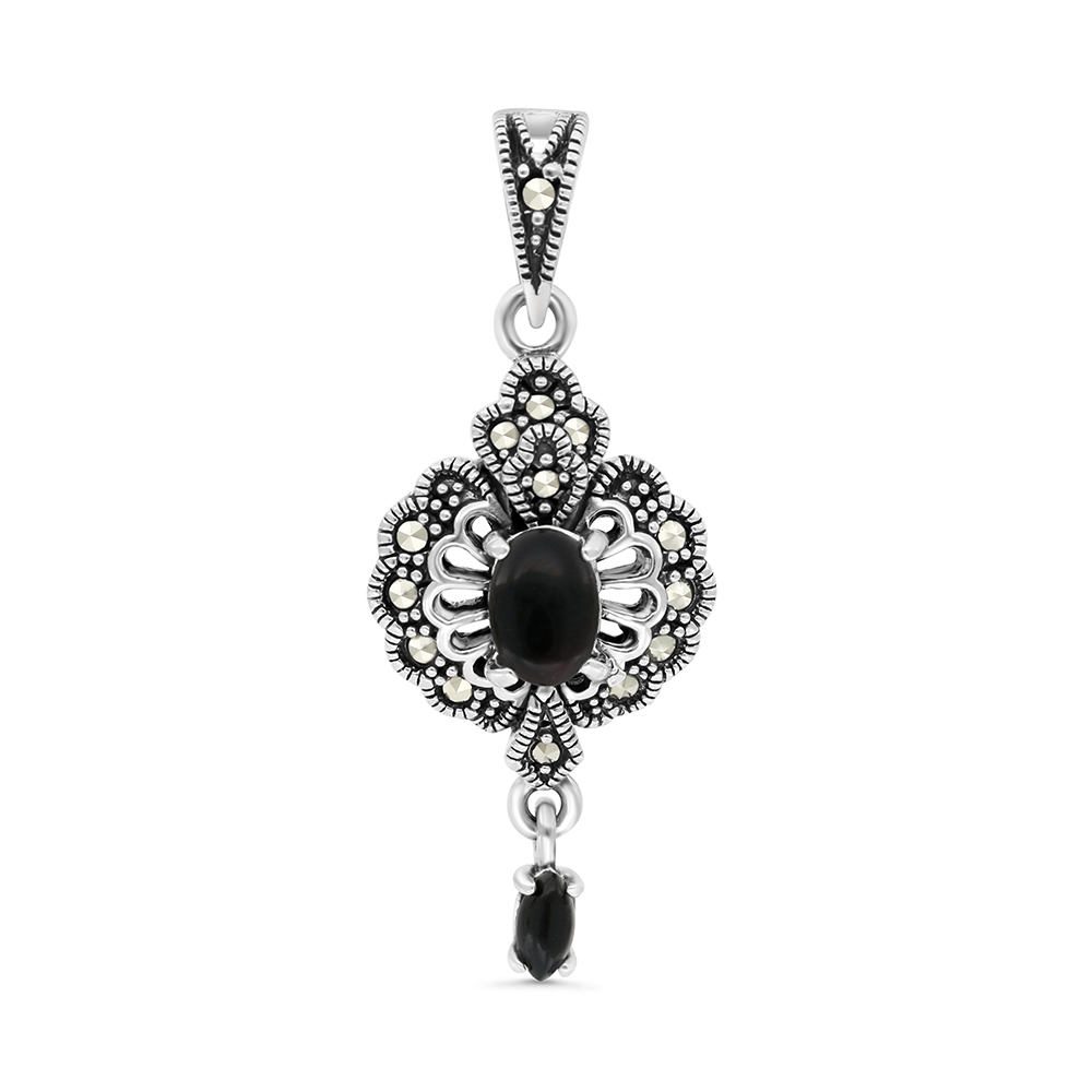 Sterling Silver 925 Pendant Embedded With Natural Black Agate And Marcasite Stones