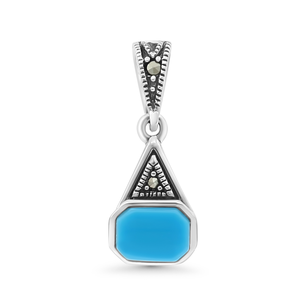 Sterling Silver 925 Pendant Embedded With Natural Processed Turquoise And Marcasite Stones