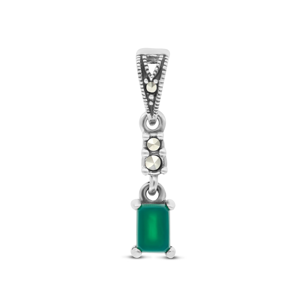 Sterling Silver 925 Pendant Embedded With Natural Green Agate And Marcasite Stones