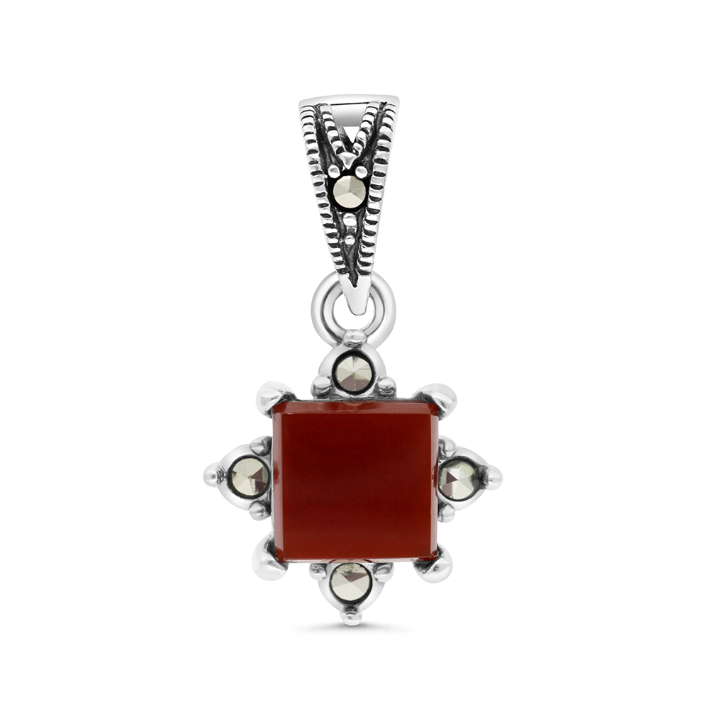 Sterling Silver 925 Pendant Embedded With Natural Aqiq And Marcasite Stones