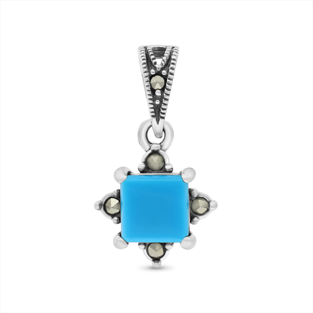 Sterling Silver 925 Pendant Embedded With Natural Processed Turquoise And Marcasite Stones