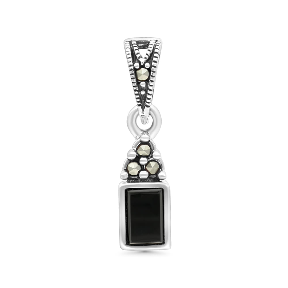 Sterling Silver 925 Pendant Embedded With Natural Black Agate And Marcasite Stones