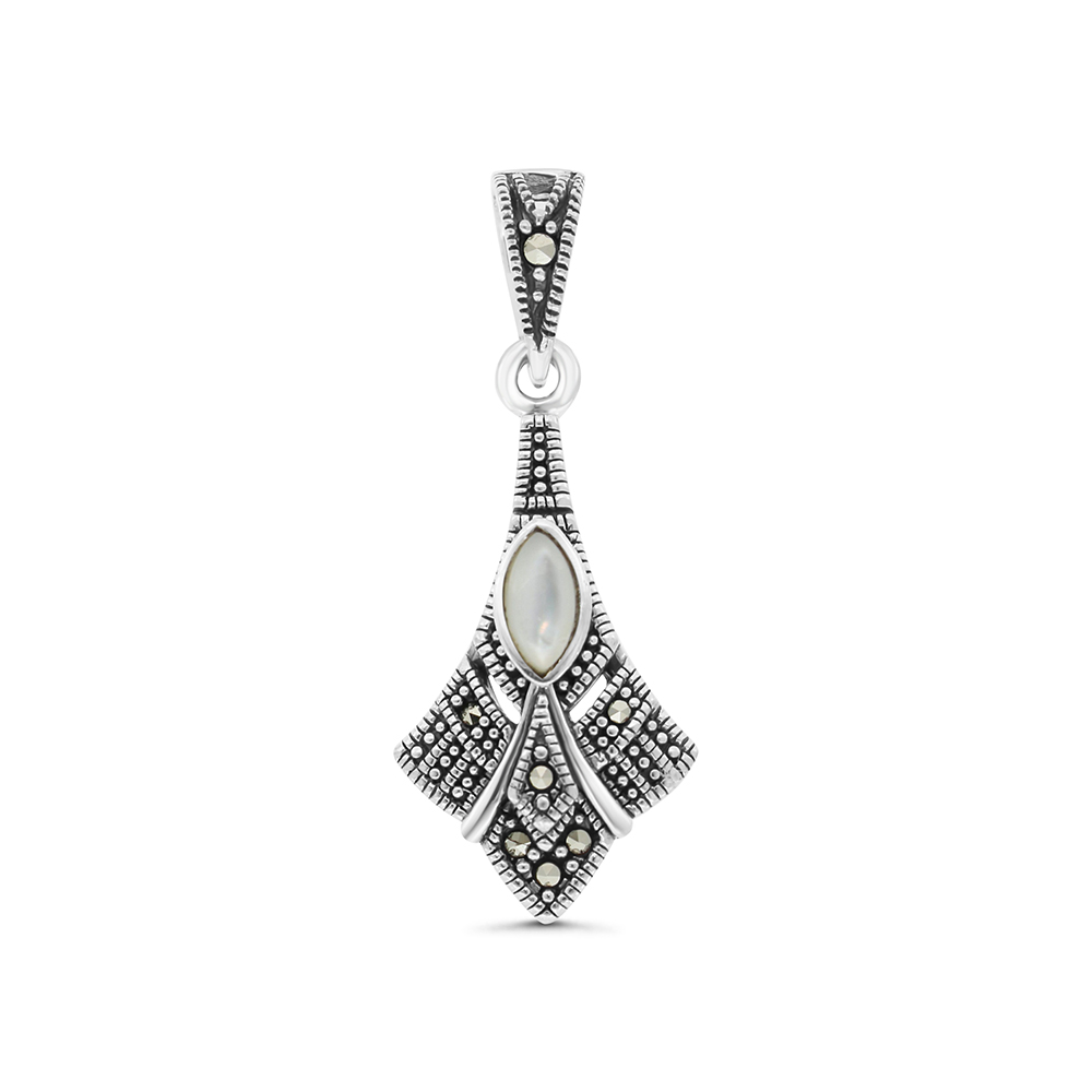 Sterling Silver 925 Pendant Embedded With Natural White Shell And Marcasite Stones