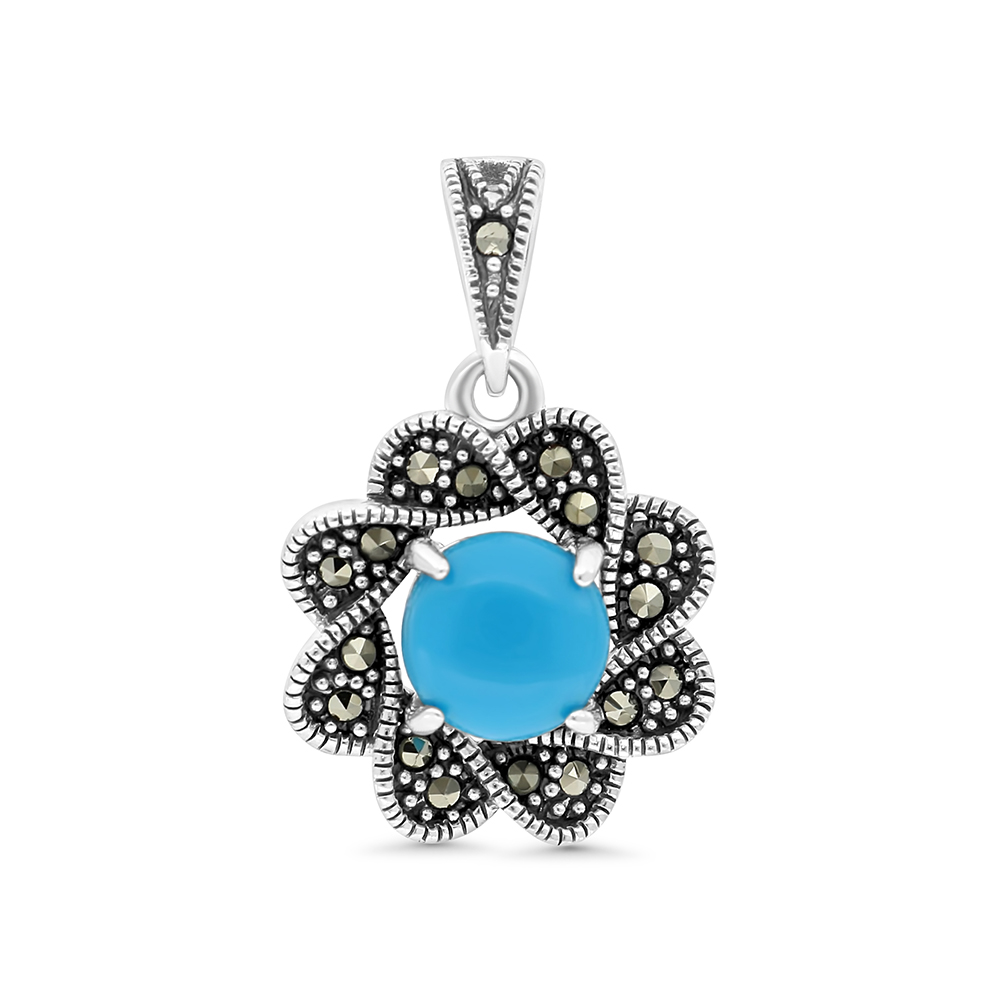 Sterling Silver 925 Pendant Embedded With Natural Processed Turquoise And Marcasite Stones