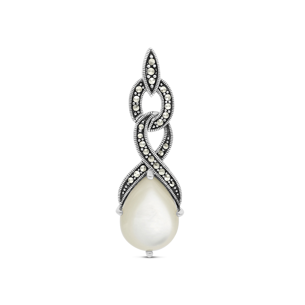 Sterling Silver 925 Pendant Embedded With Natural White Shell And Marcasite Stones