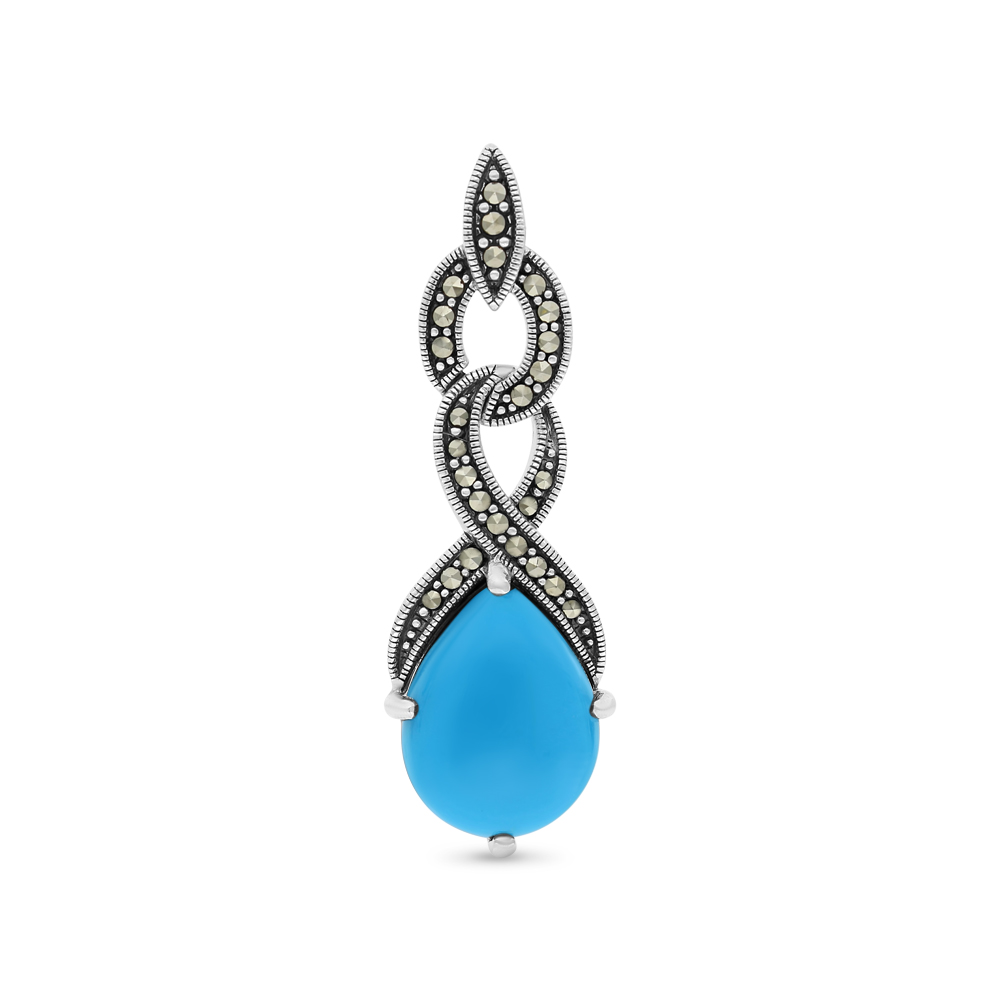 Sterling Silver 925 Pendant Embedded With Natural Processed Turquoise And Marcasite Stones