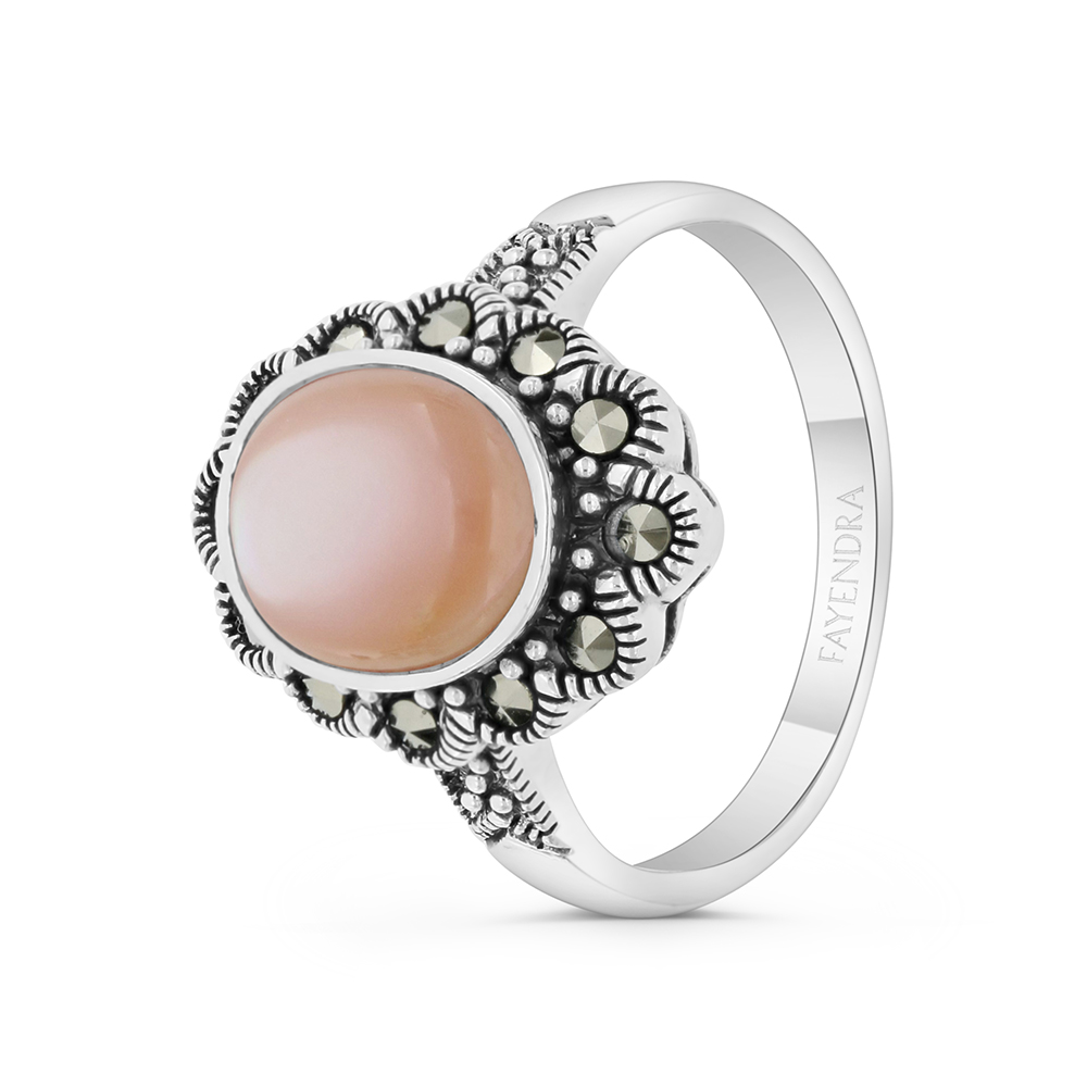 Sterling Silver 925 Ring Embedded With Natural Pink Shell And Marcasite Stones