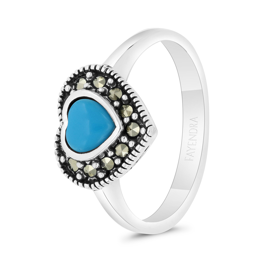 Sterling Silver 925 Ring Embedded With Natural Processed Turquoise And Marcasite Stones