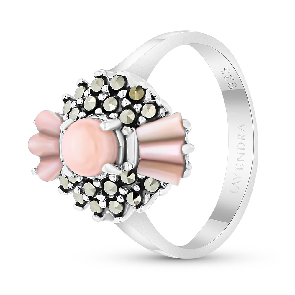 Sterling Silver 925 Ring Embedded With Natural Pink Shell And Marcasite Stones