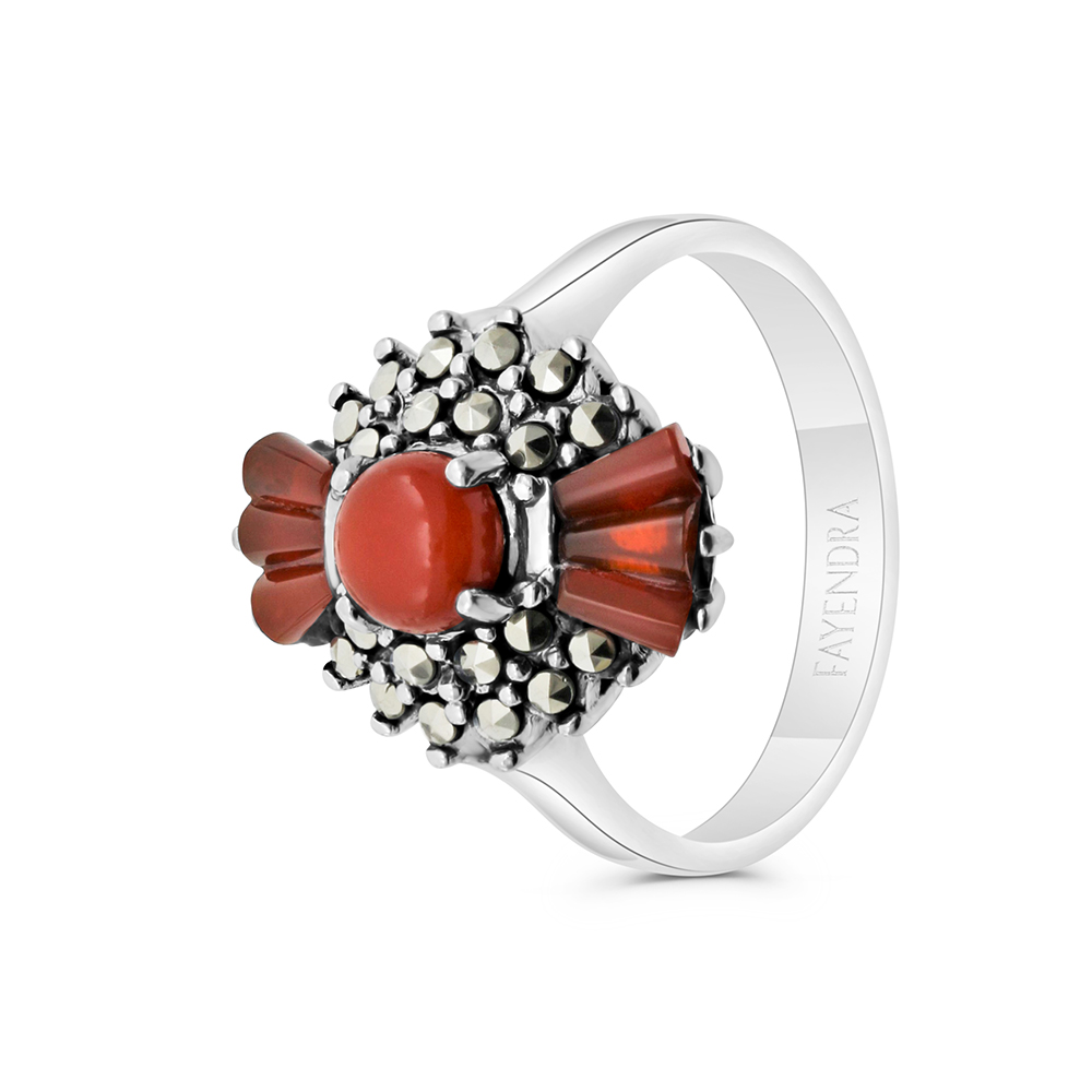Sterling Silver 925 Ring Embedded With Natural Aqiq And Marcasite Stones