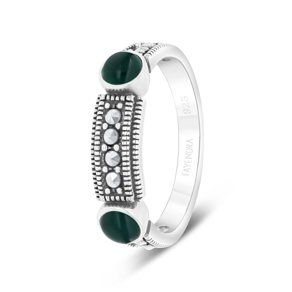 Sterling Silver 925 Ring Embedded With Natural Green Agate And Marcasite Stones