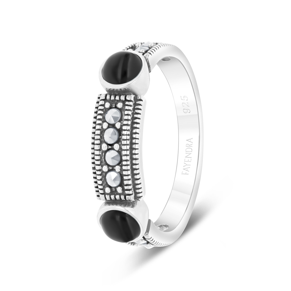 Sterling Silver 925 Ring Embedded With Natural Black Agate And Marcasite Stones