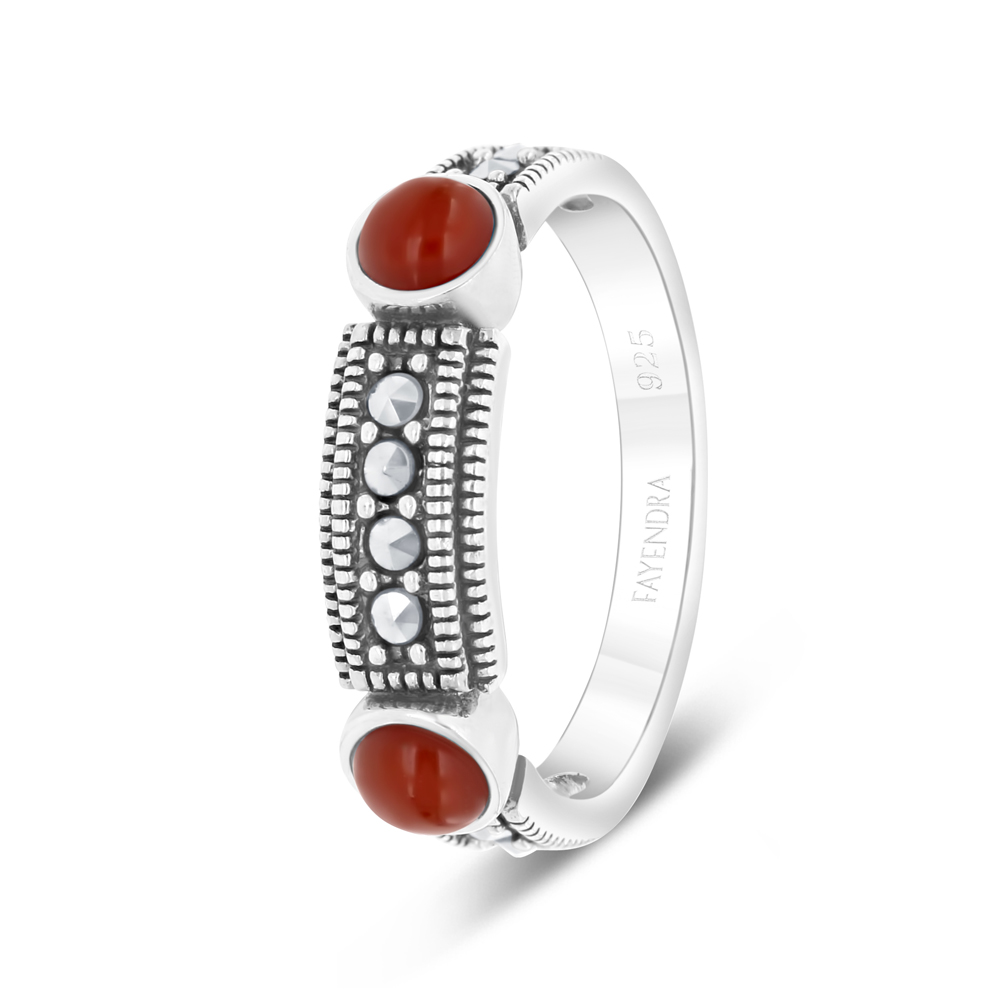 Sterling Silver 925 Ring Embedded With Natural Aqiq And Marcasite Stones