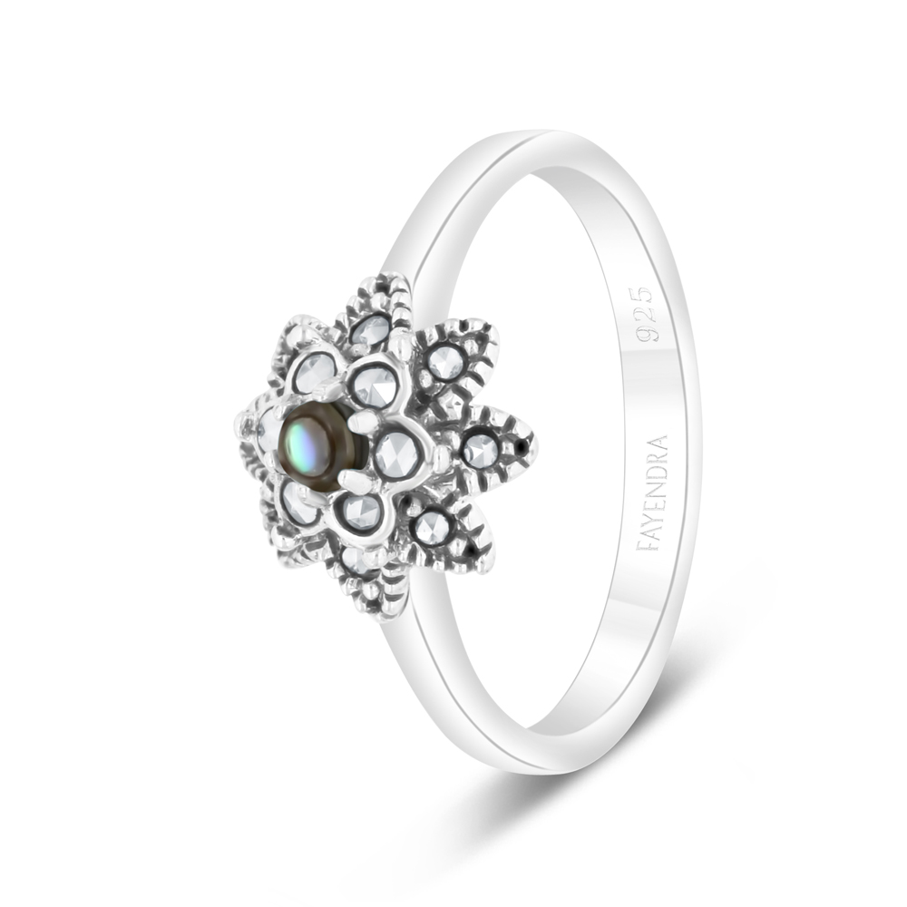 Sterling Silver 925 Ring Embedded With Natural Blue Shell And Marcasite Stones