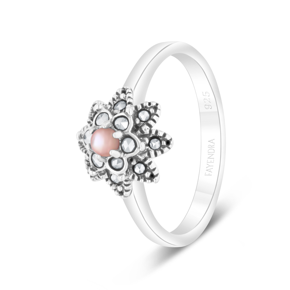 Sterling Silver 925 Ring Embedded With Natural Pink Shell And Marcasite Stones