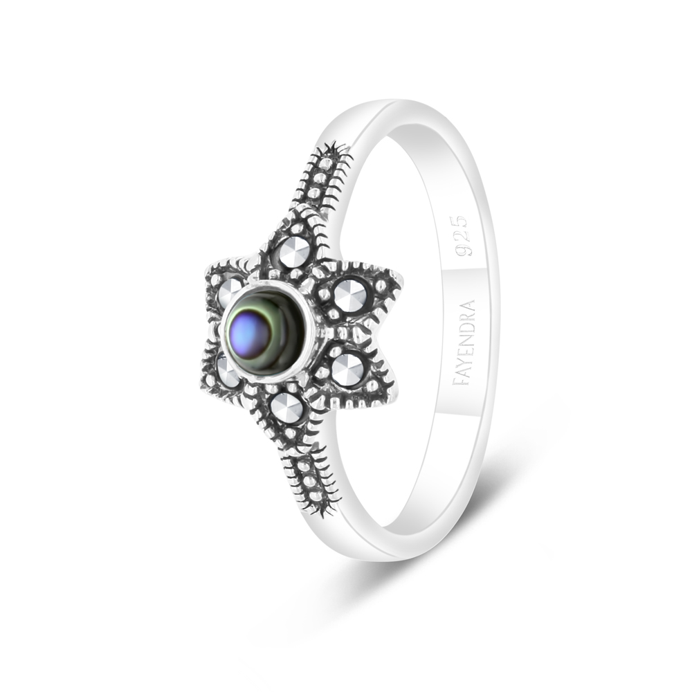 Sterling Silver 925 Ring Embedded With Natural Blue Shell And Marcasite Stones