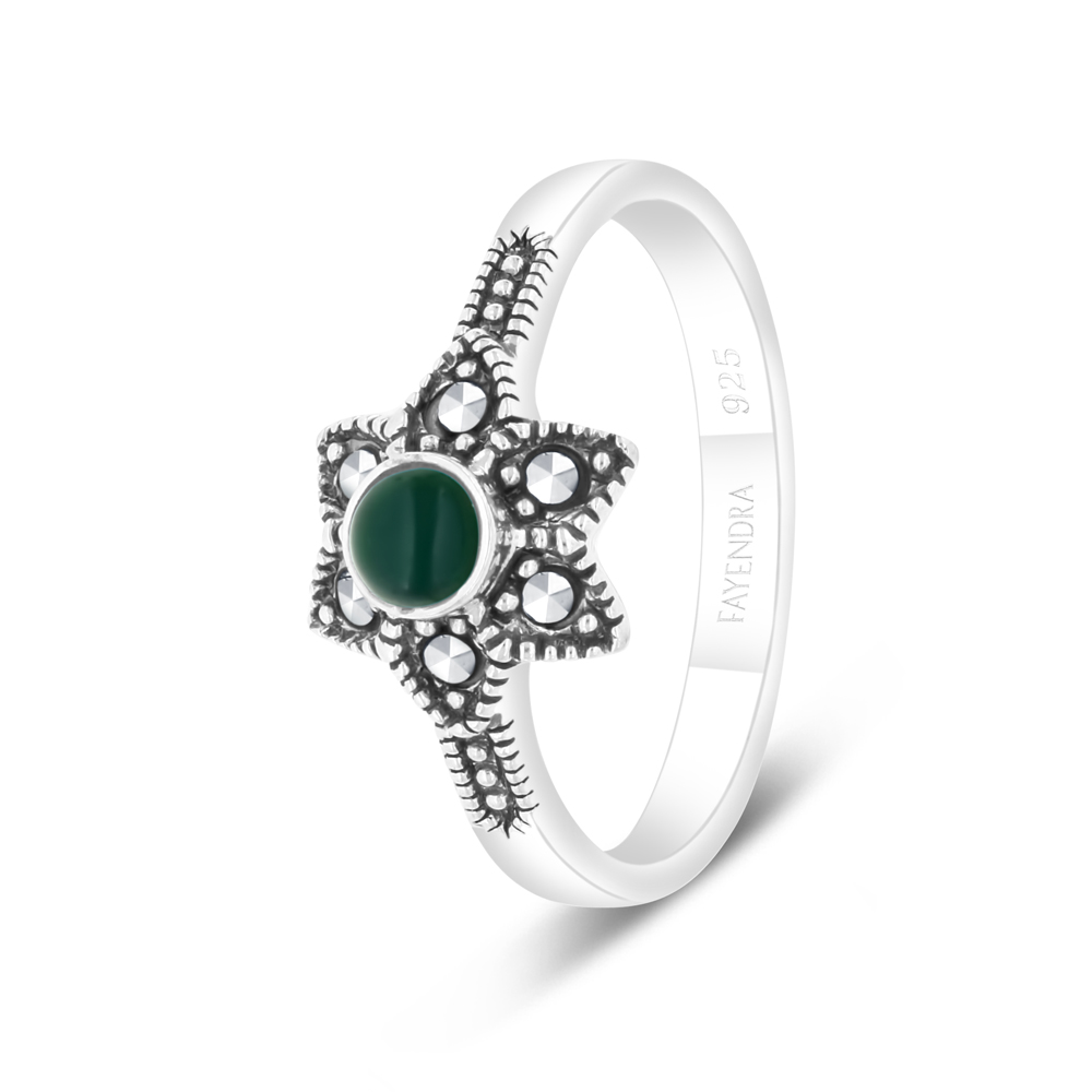 Sterling Silver 925 Ring Embedded With Natural Green Agate And Marcasite Stones