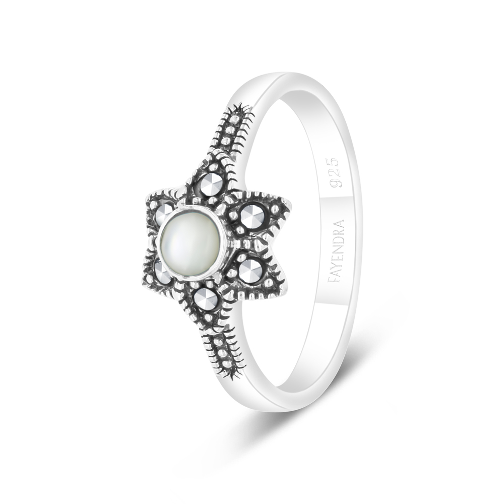 Sterling Silver 925 Ring Embedded With Natural White Shell And Marcasite Stones