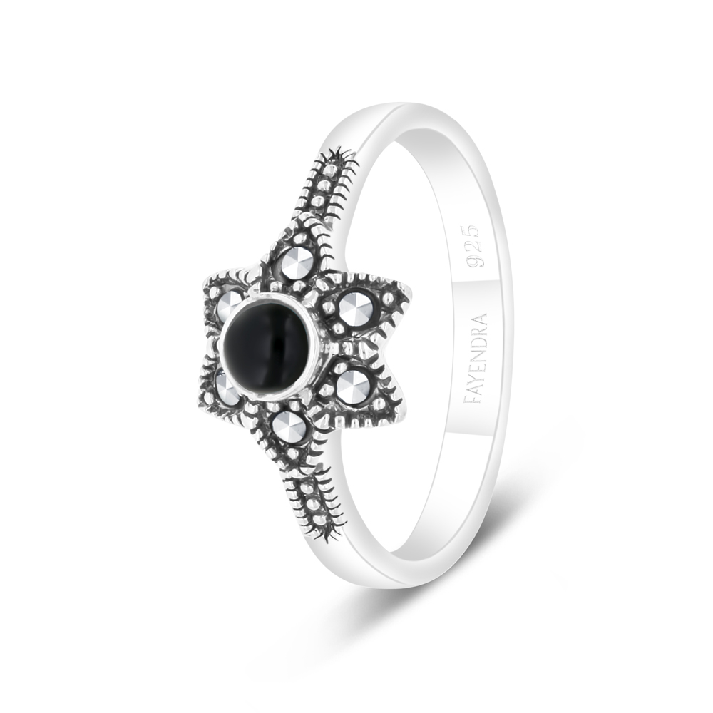 Sterling Silver 925 Ring Embedded With Natural Black Agate And Marcasite Stones