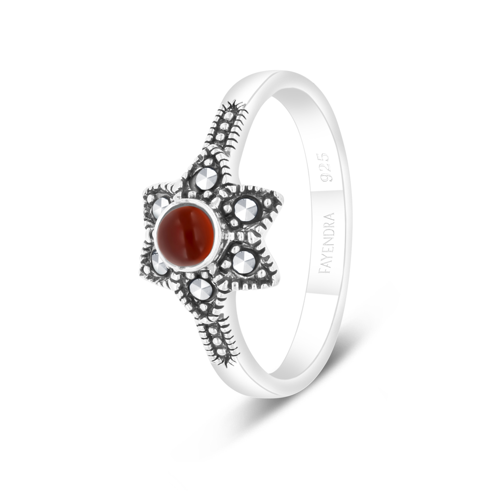 Sterling Silver 925 Ring Embedded With Natural Aqiq And Marcasite Stones