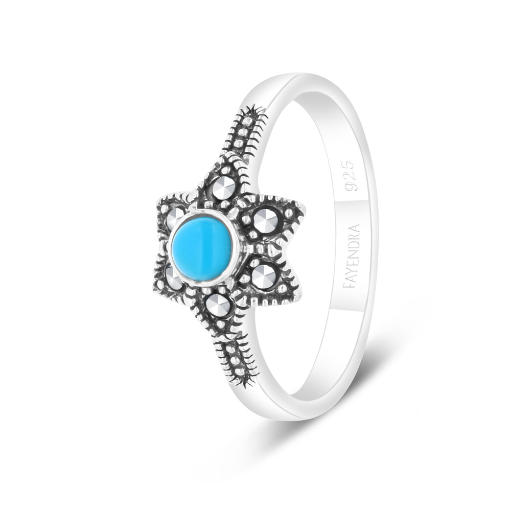 Sterling Silver 925 Ring Embedded With Natural Processed Turquoise And Marcasite Stones