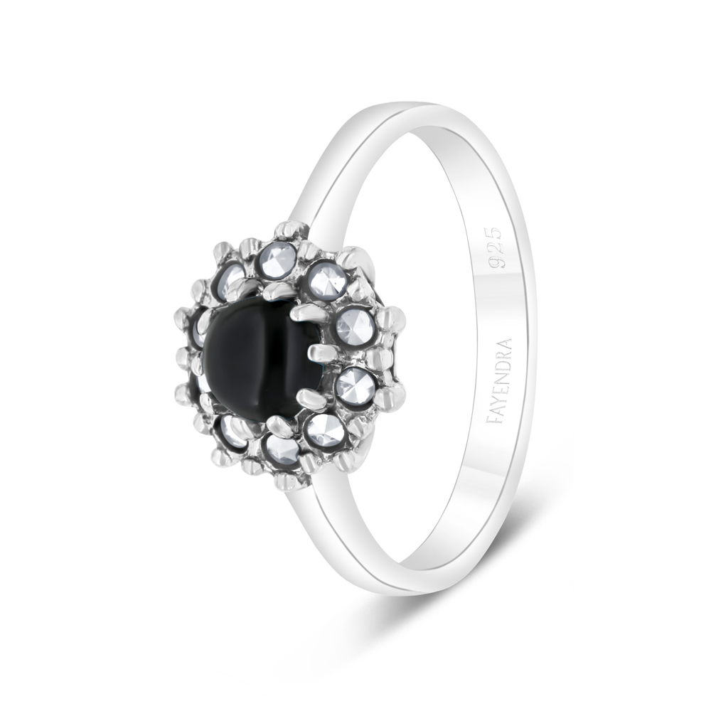 Sterling Silver 925 Ring Embedded With Natural Black Agate And Marcasite Stones
