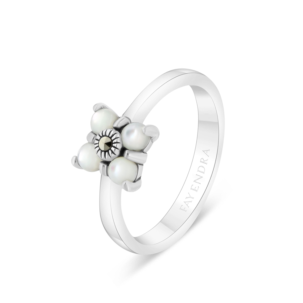 Sterling Silver 925 Ring Embedded With Natural White Shell And Marcasite Stones