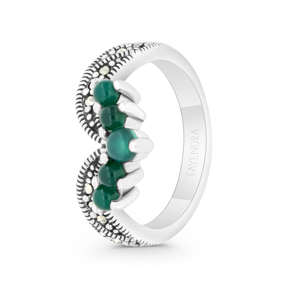Sterling Silver 925 Ring Embedded With Natural Green Agate And Marcasite Stones