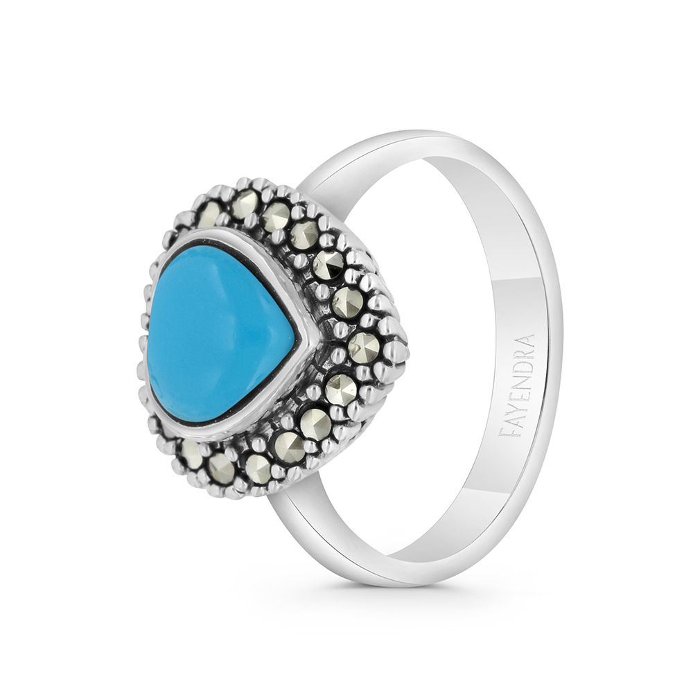 Sterling Silver 925 Ring Embedded With Natural Processed Turquoise And Marcasite Stones