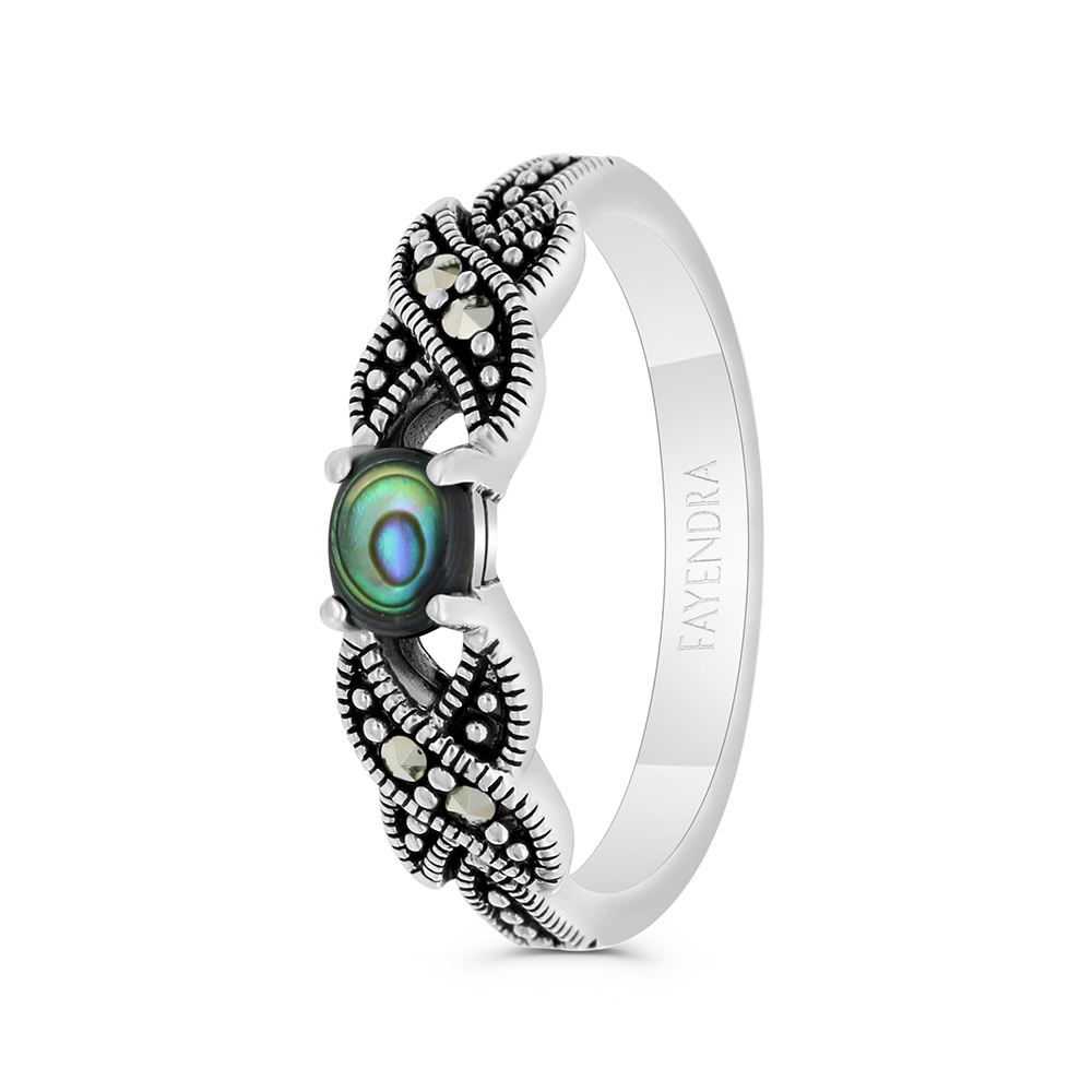 Sterling Silver 925 Ring Embedded With Natural Blue Shell And Marcasite Stones
