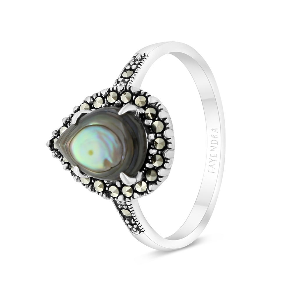 Sterling Silver 925 Ring Embedded With Natural Blue Shell And Marcasite Stones