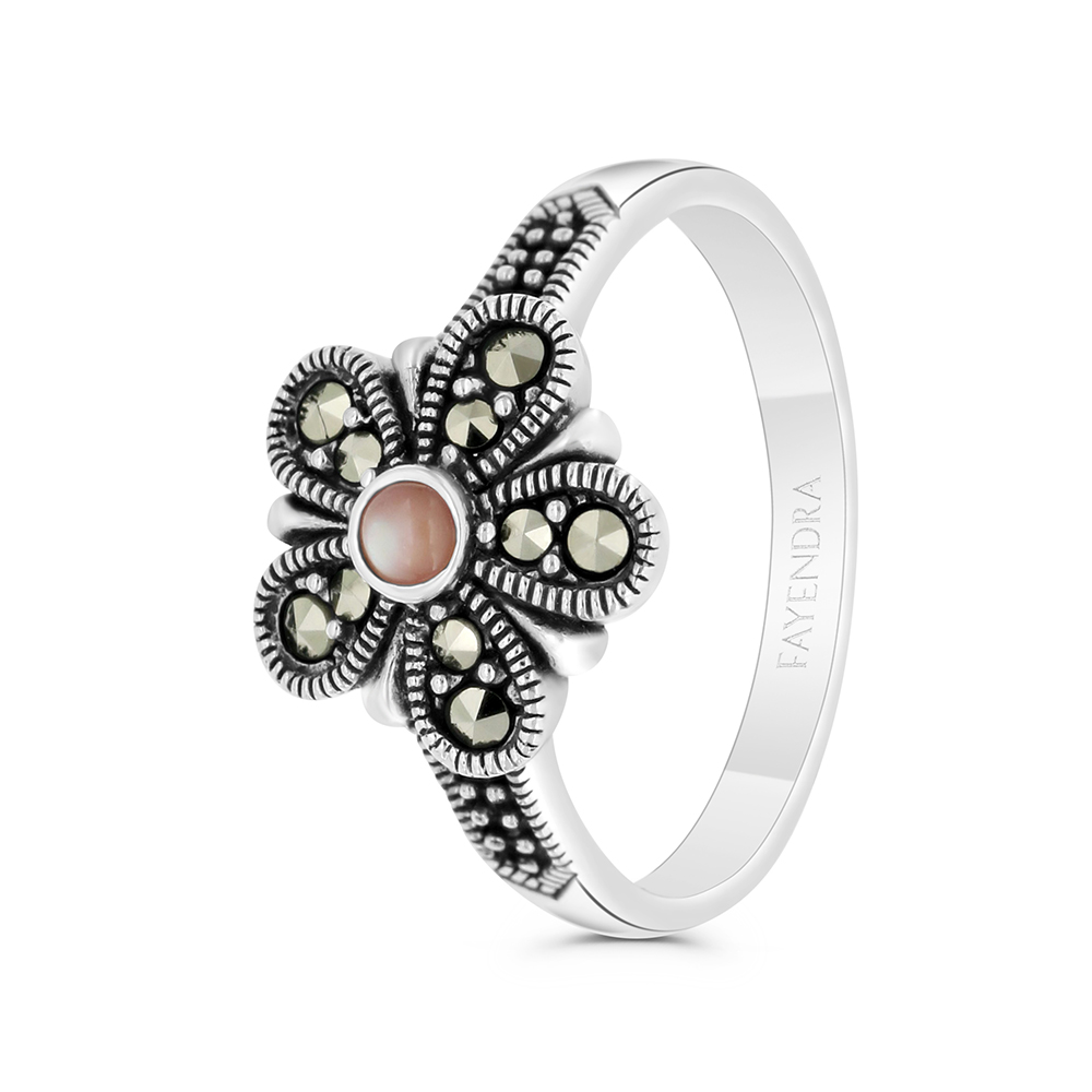 Sterling Silver 925 Ring Embedded With Natural Pink Shell And Marcasite Stones