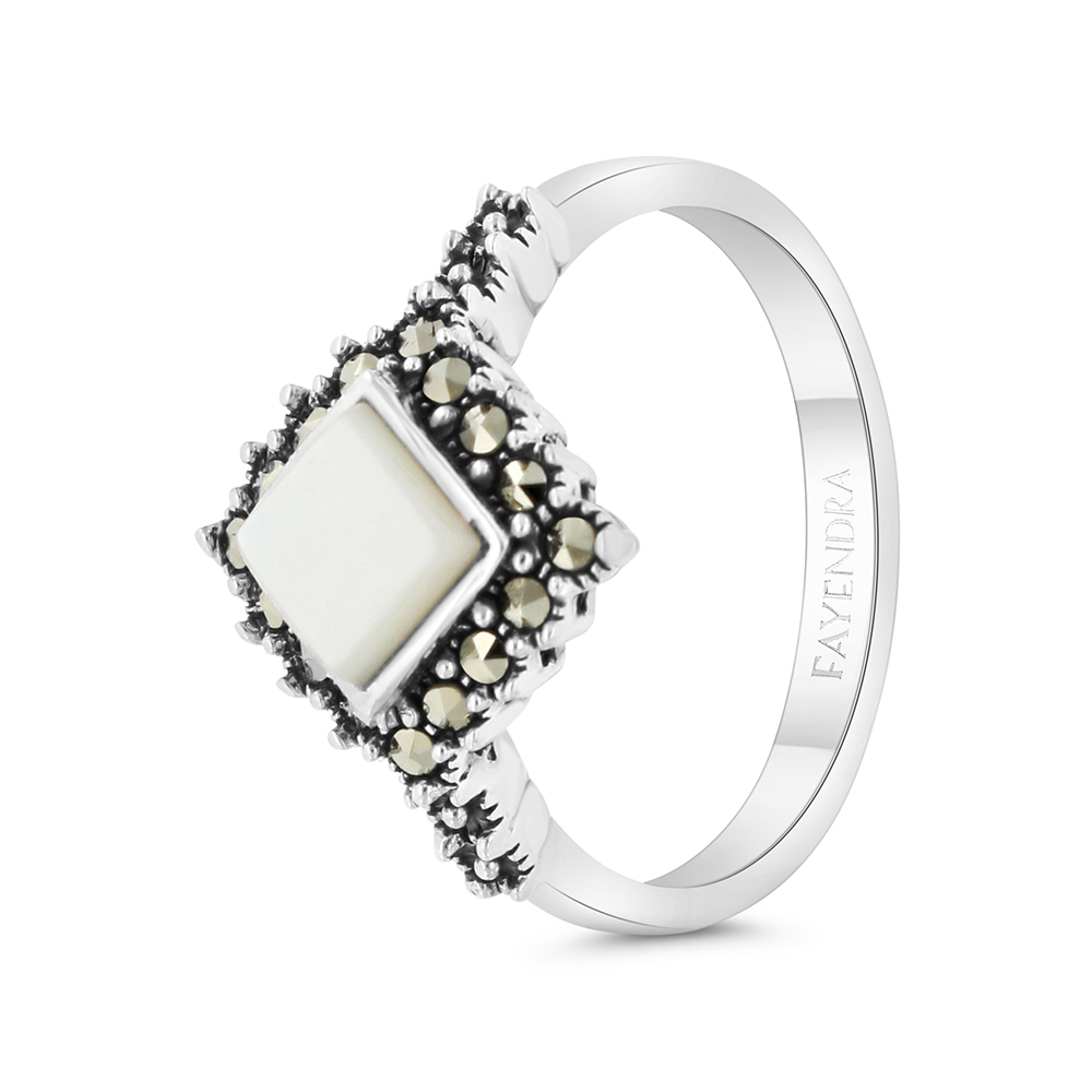 Sterling Silver 925 Ring Embedded With Natural White Shell And Marcasite Stones