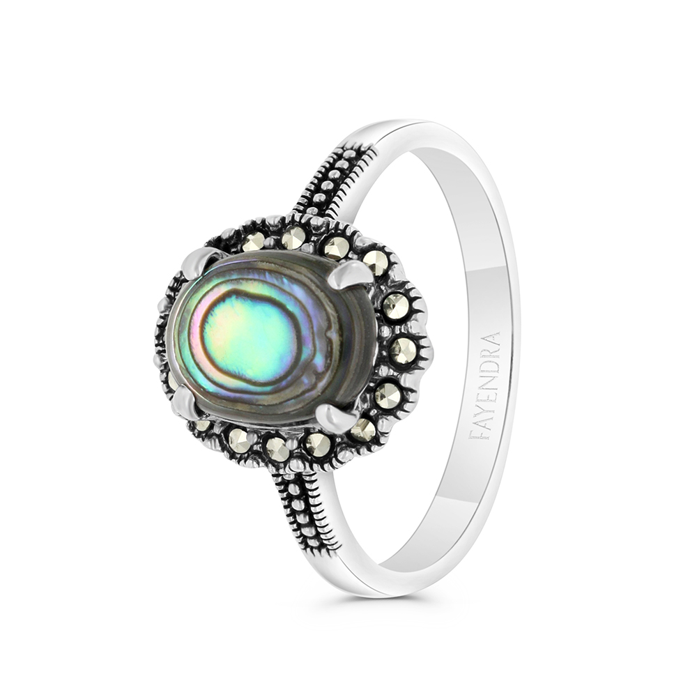 Sterling Silver 925 Ring Embedded With Natural Blue Shell And Marcasite Stones