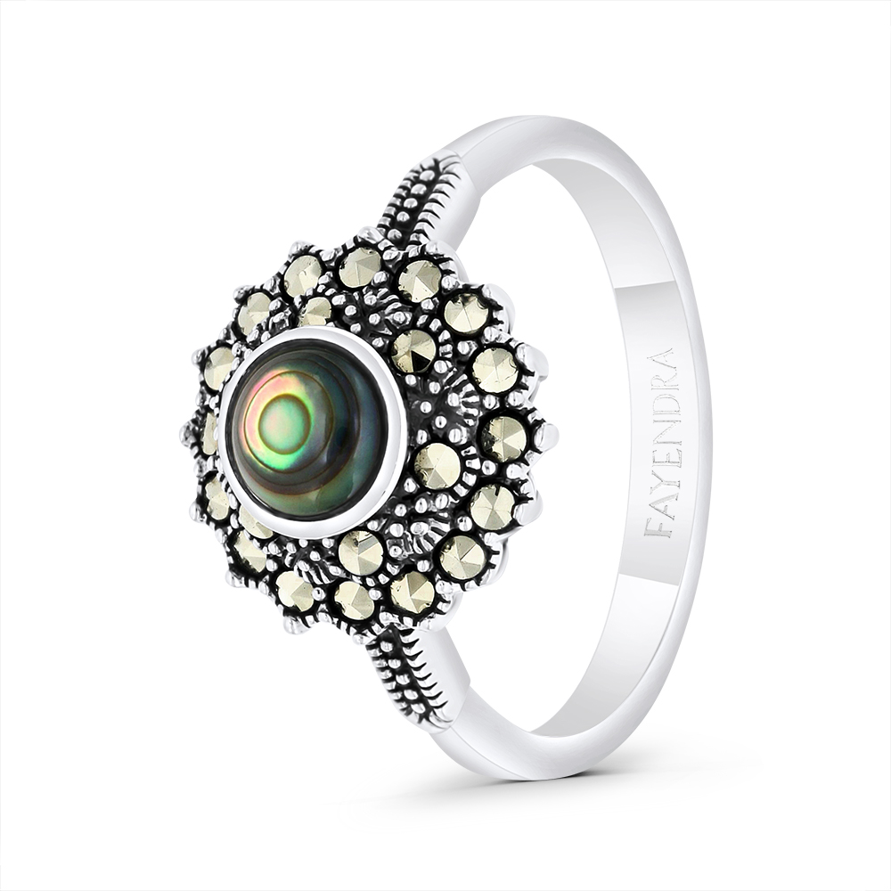 Sterling Silver 925 Ring Embedded With Natural Blue Shell And Marcasite Stones