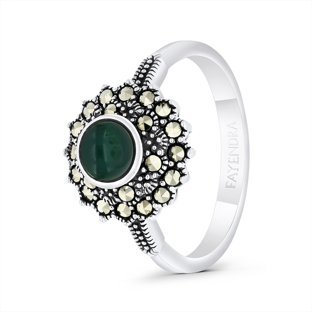 Sterling Silver 925 Ring Embedded With Natural Green Agate And Marcasite Stones