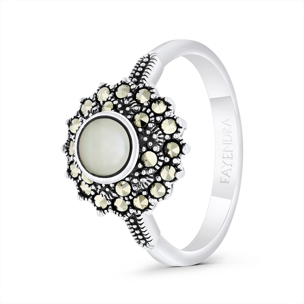 Sterling Silver 925 Ring Embedded With Natural White Shell And Marcasite Stones