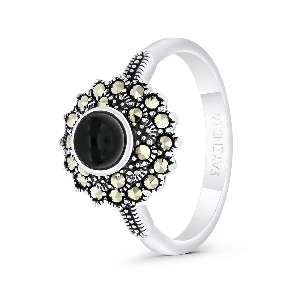Sterling Silver 925 Ring Embedded With Natural Black Agate And Marcasite Stones