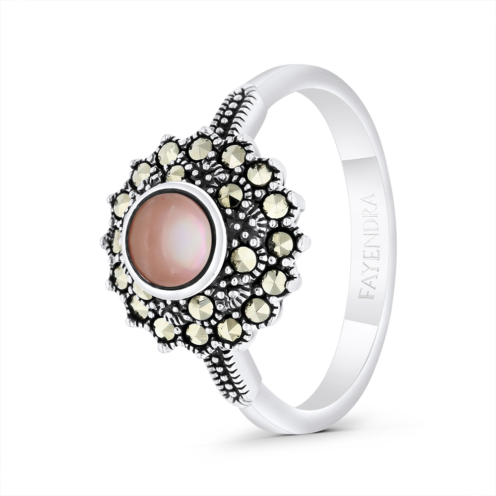 Sterling Silver 925 Ring Embedded With Natural Pink Shell And Marcasite Stones