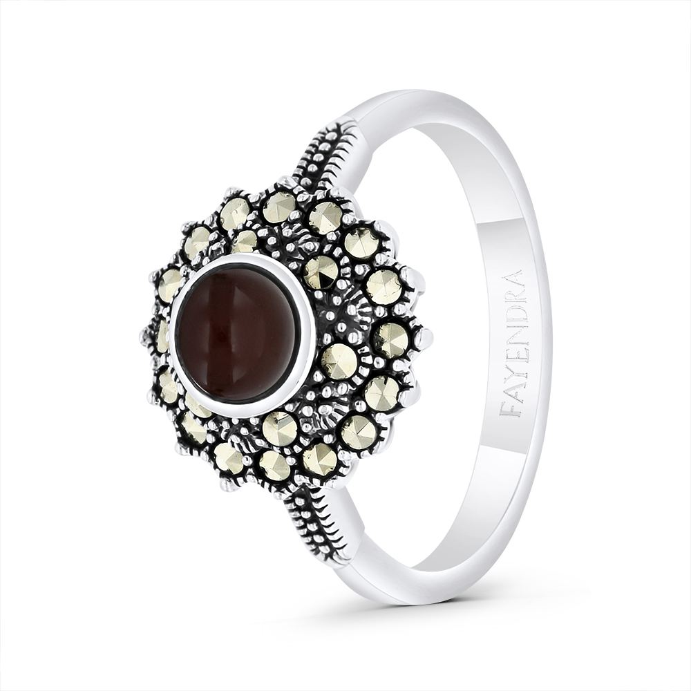 Sterling Silver 925 Ring Embedded With Natural Aqiq And Marcasite Stones