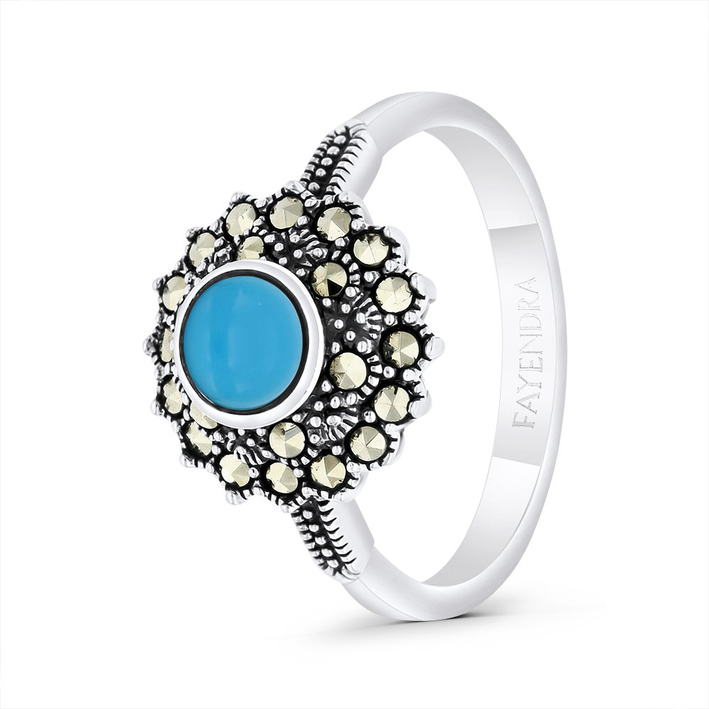 Sterling Silver 925 Ring Embedded With Natural Processed Turquoise And Marcasite Stones
