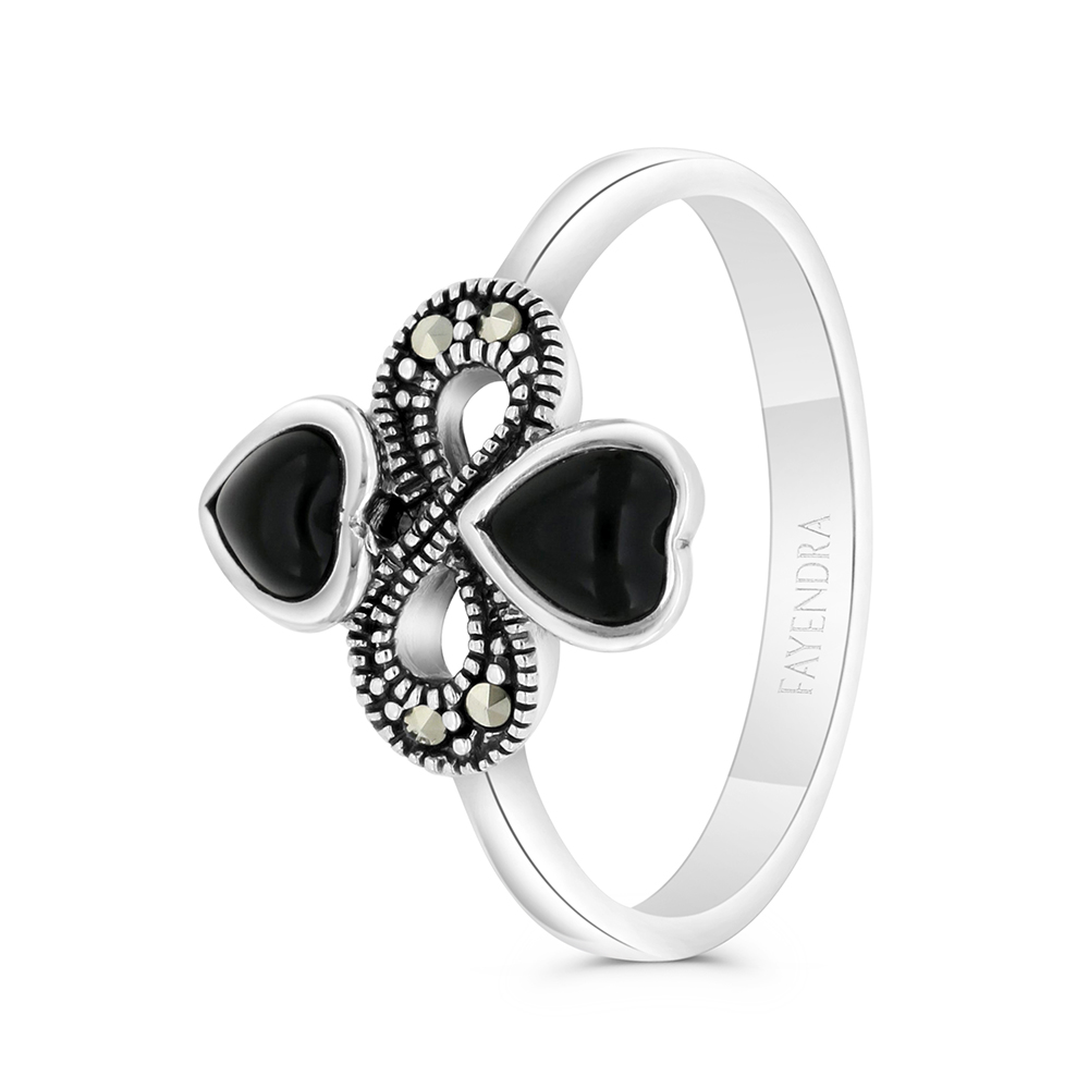 Sterling Silver 925 Ring Embedded With Natural Black Agate And Marcasite Stones