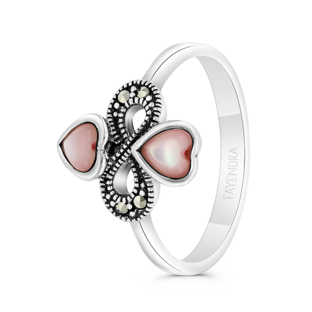 Sterling Silver 925 Ring Embedded With Natural Pink Shell And Marcasite Stones