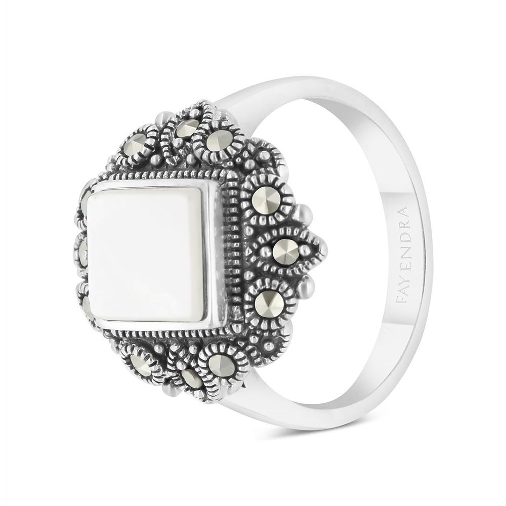 Sterling Silver 925 Ring Embedded With Natural White Shell And Marcasite Stones