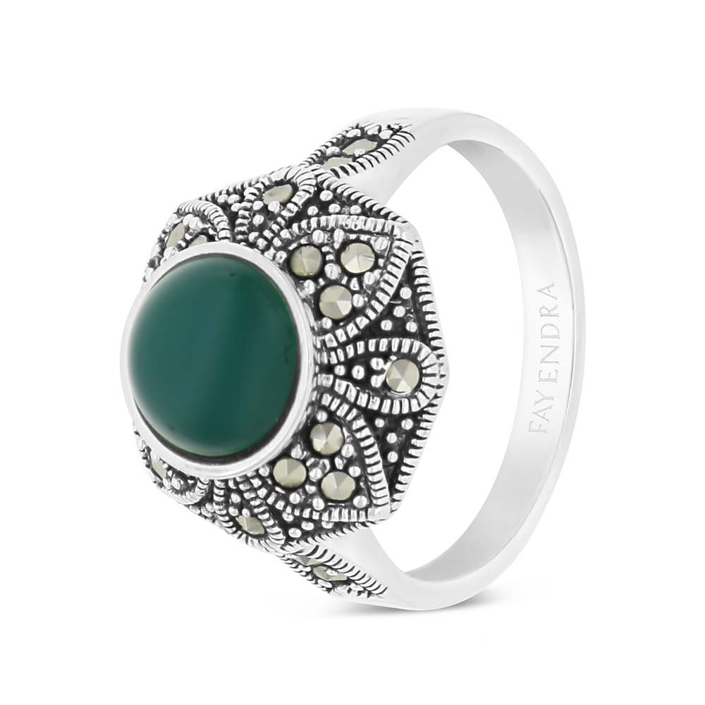 Sterling Silver 925 Ring Embedded With Natural Green Agate And Marcasite Stones